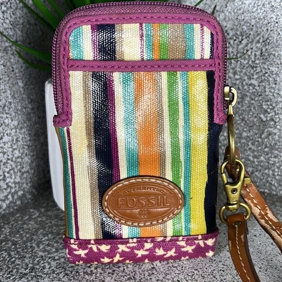 Fossil Striped Coated Canvas Wallet Wristlet - Picture 1 of 4